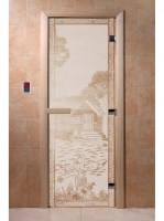 Дверь "Банька в лесу сатин" (8мм, 3 пет., кор ольха) 190х70